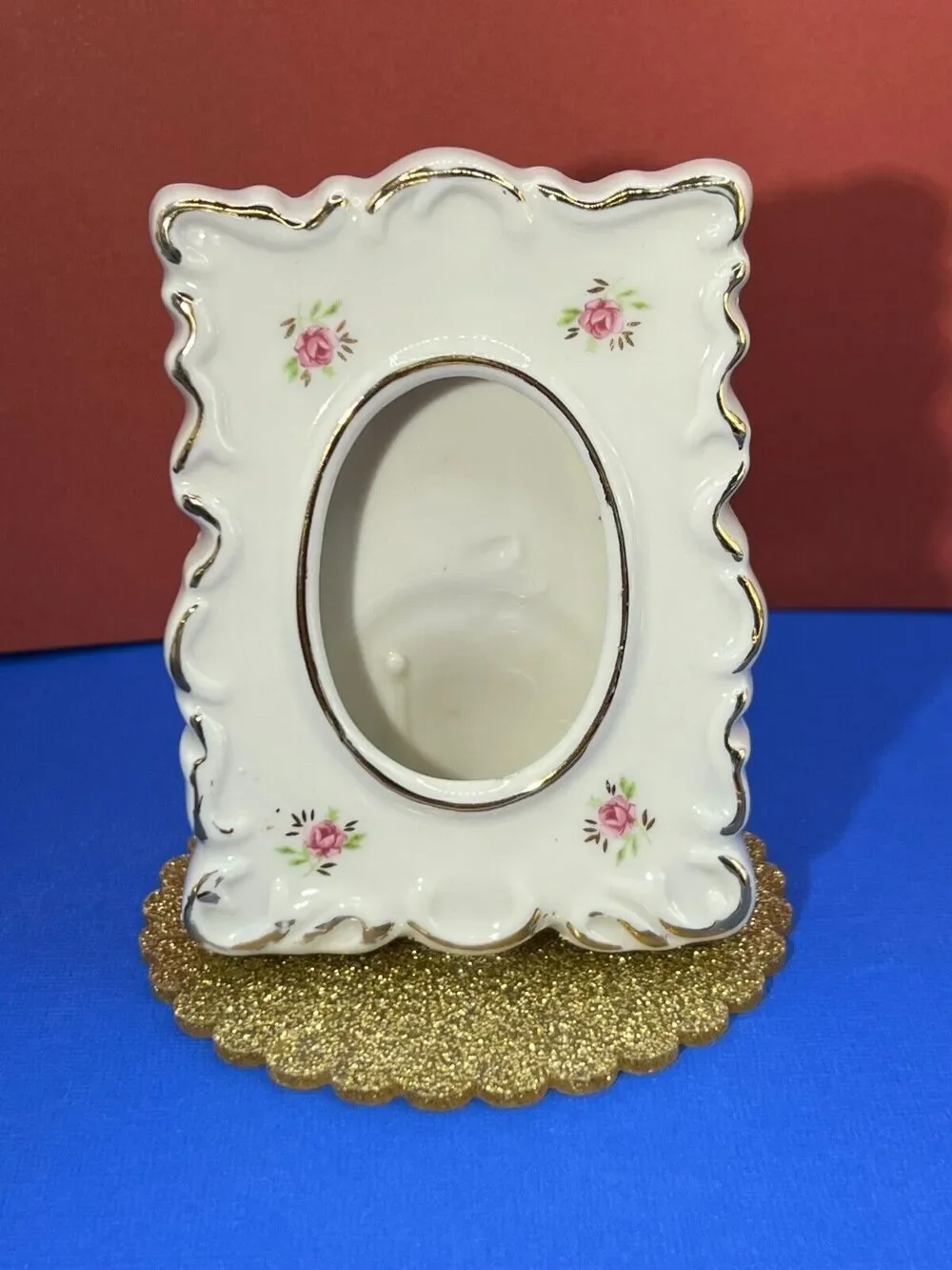 Mini Picture Frame with Flowers Edged in Gold Vintage (Was attached to Something